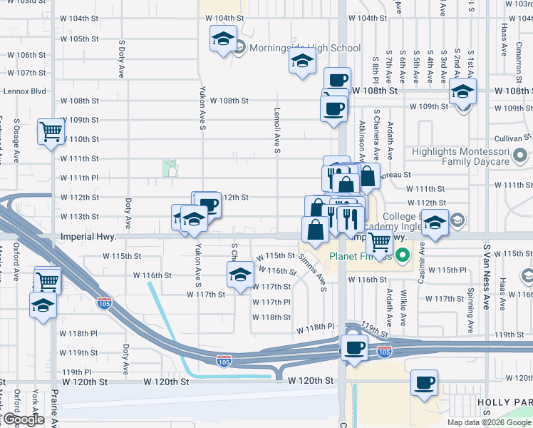 map of restaurants, bars, coffee shops, grocery stores, and more near 3319 West 113th Street in Inglewood