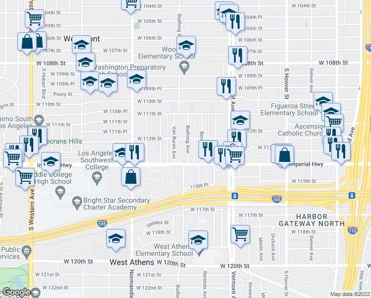 map of restaurants, bars, coffee shops, grocery stores, and more near 11225 1/2 South Budlong Avenue in Los Angeles