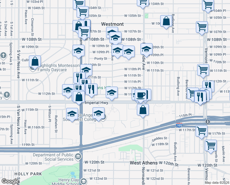 map of restaurants, bars, coffee shops, grocery stores, and more near 1559 West 113th Street in Los Angeles