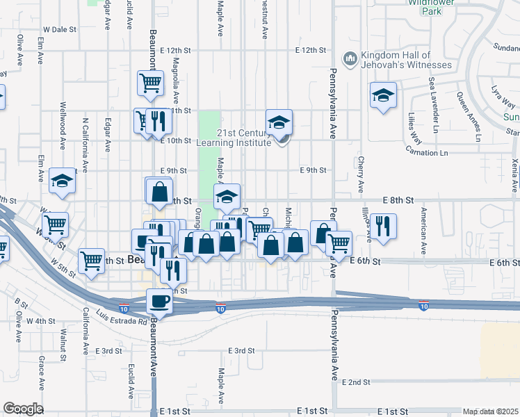 map of restaurants, bars, coffee shops, grocery stores, and more near 747 Chestnut Avenue in Banning