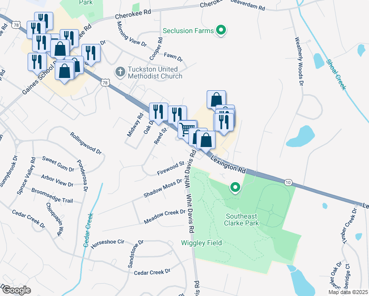 map of restaurants, bars, coffee shops, grocery stores, and more near 150 Whit Davis Road in Athens
