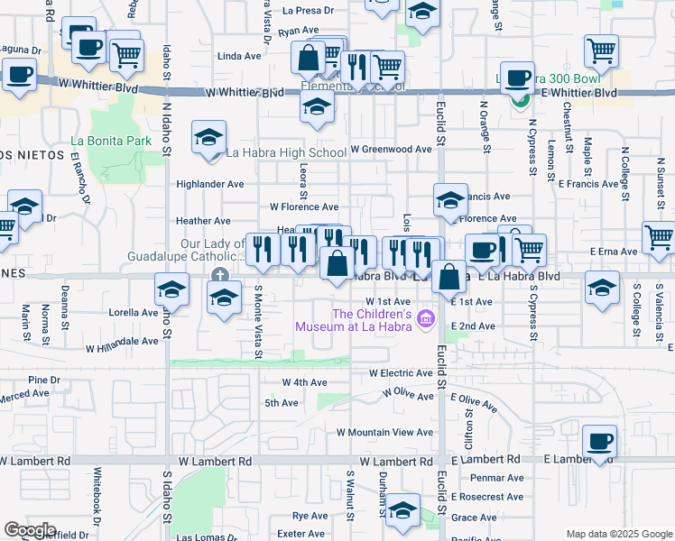 map of restaurants, bars, coffee shops, grocery stores, and more near 531 West La Habra Boulevard in La Habra