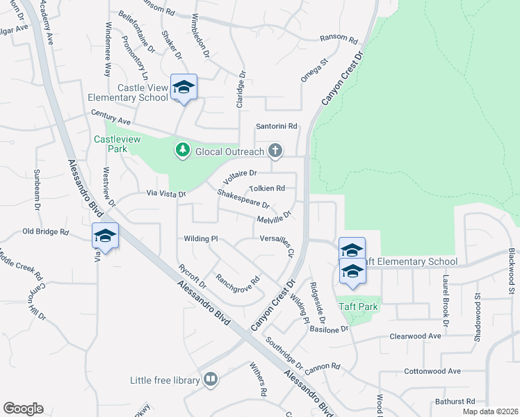 map of restaurants, bars, coffee shops, grocery stores, and more near 1248 Shakespeare Drive in Riverside