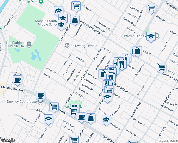 map of restaurants, bars, coffee shops, grocery stores, and more near 12240 Rives Avenue in Downey