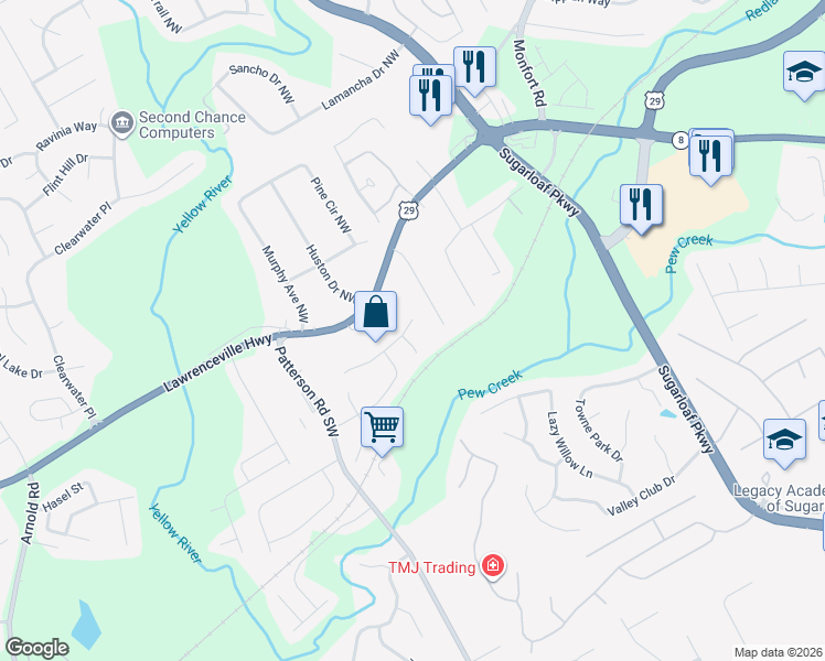 map of restaurants, bars, coffee shops, grocery stores, and more near 1750 McDowell Court in Lawrenceville