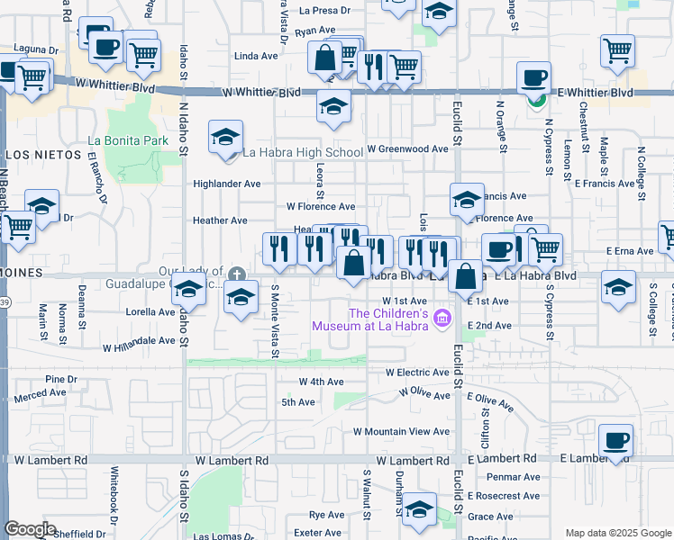 map of restaurants, bars, coffee shops, grocery stores, and more near 580 West La Habra Boulevard in La Habra