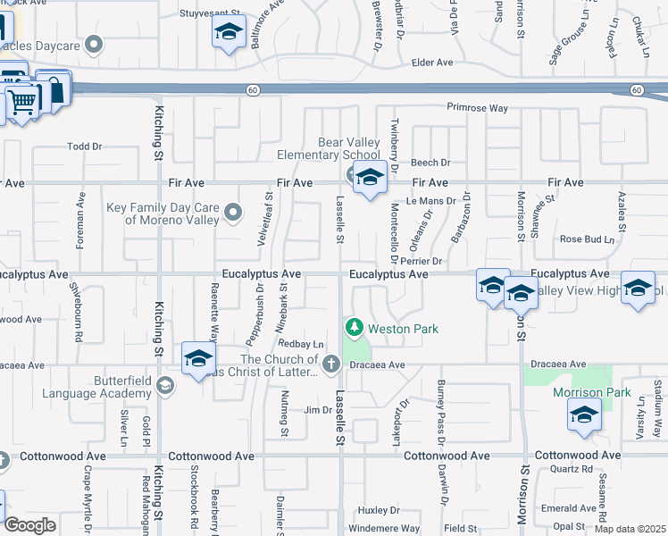 map of restaurants, bars, coffee shops, grocery stores, and more near 12995 Lasselle Street in Moreno Valley