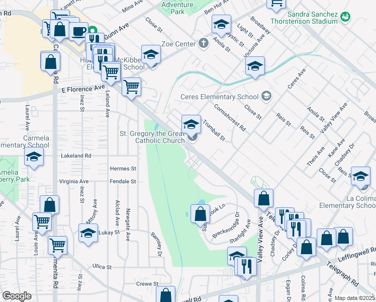 map of restaurants, bars, coffee shops, grocery stores, and more near 13935 Fairway Drive in Whittier