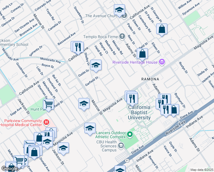 map of restaurants, bars, coffee shops, grocery stores, and more near 8570 Harmony Lane in Riverside