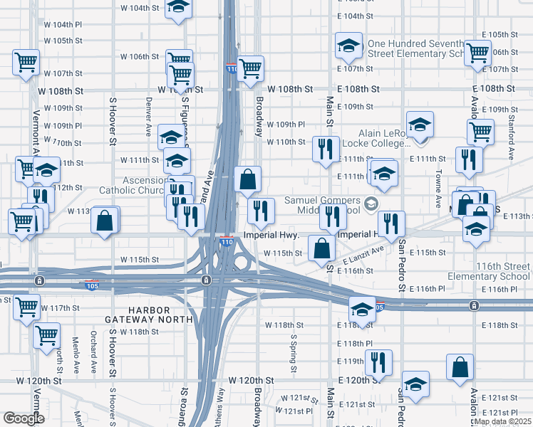 map of restaurants, bars, coffee shops, grocery stores, and more near 249 West 113th Street in Los Angeles