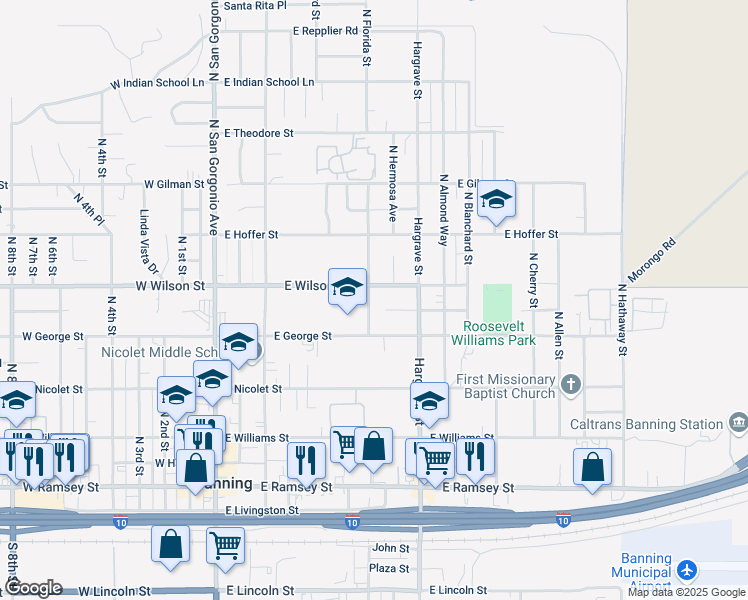 map of restaurants, bars, coffee shops, grocery stores, and more near 736 North Florida Street in Banning