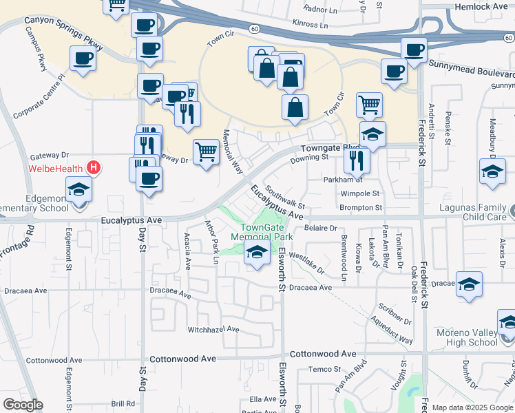 map of restaurants, bars, coffee shops, grocery stores, and more near 13050 Zenith Way in Moreno Valley