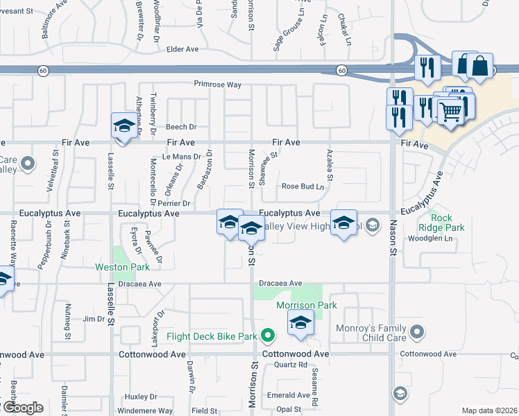 map of restaurants, bars, coffee shops, grocery stores, and more near in Moreno Valley