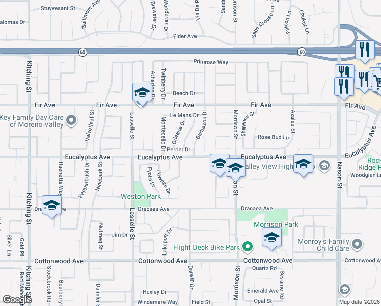 map of restaurants, bars, coffee shops, grocery stores, and more near 13020 Wichita Way in Moreno Valley