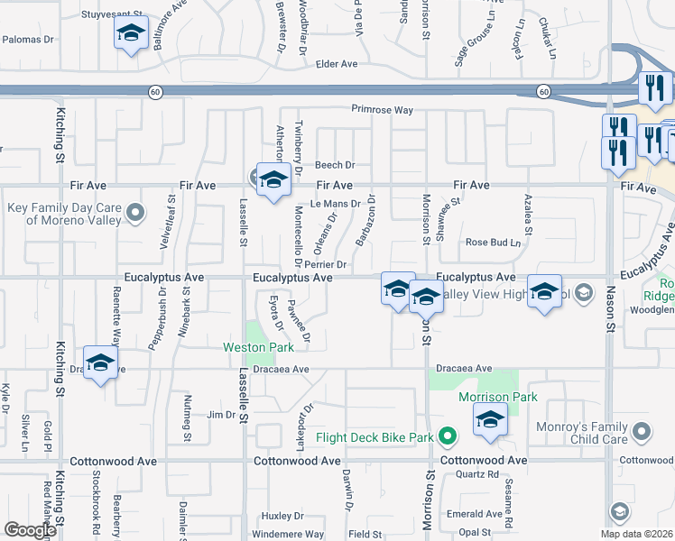 map of restaurants, bars, coffee shops, grocery stores, and more near 13020 Wichita Way in Moreno Valley