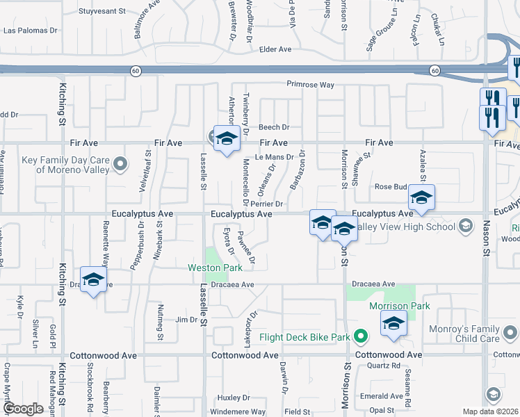 map of restaurants, bars, coffee shops, grocery stores, and more near 13016 Teton Court in Moreno Valley