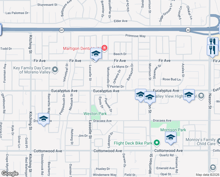 map of restaurants, bars, coffee shops, grocery stores, and more near 13016 Teton Court in Moreno Valley