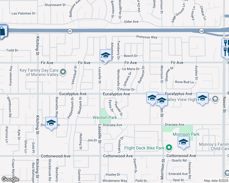 map of restaurants, bars, coffee shops, grocery stores, and more near 26110 Biloxi Drive in Moreno Valley
