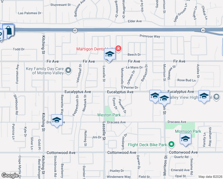 map of restaurants, bars, coffee shops, grocery stores, and more near 26020 Biloxi Drive in Moreno Valley