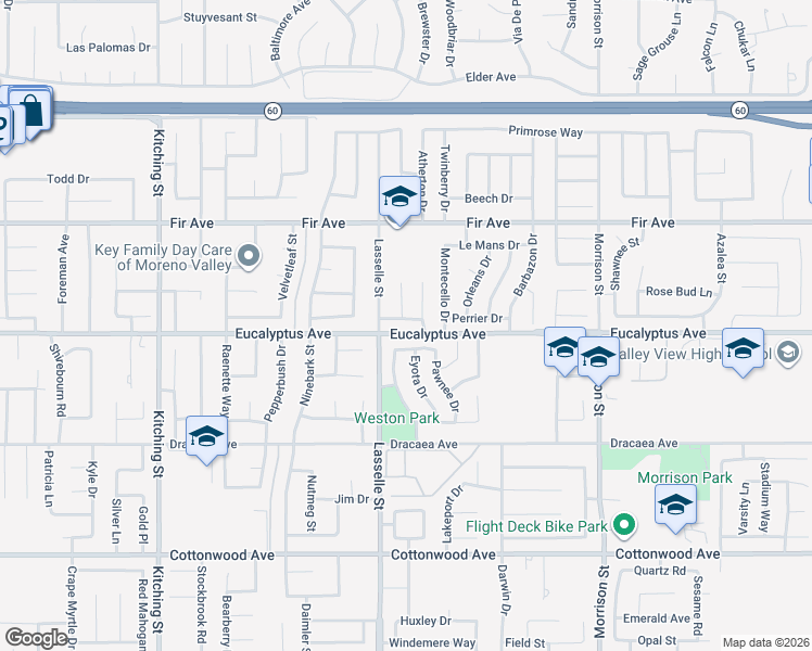 map of restaurants, bars, coffee shops, grocery stores, and more near 26020 Biloxi Drive in Moreno Valley