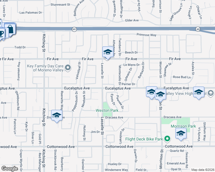map of restaurants, bars, coffee shops, grocery stores, and more near 26020 Biloxi Drive in Moreno Valley