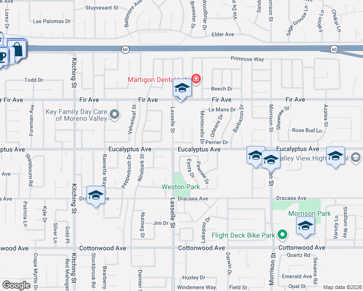 map of restaurants, bars, coffee shops, grocery stores, and more near 26020 Biloxi Drive in Moreno Valley