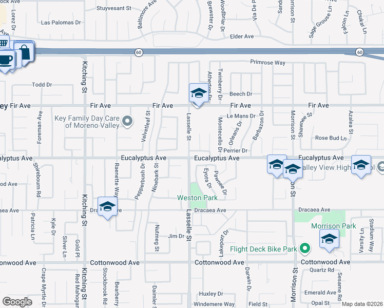 map of restaurants, bars, coffee shops, grocery stores, and more near 26020 Biloxi Drive in Moreno Valley