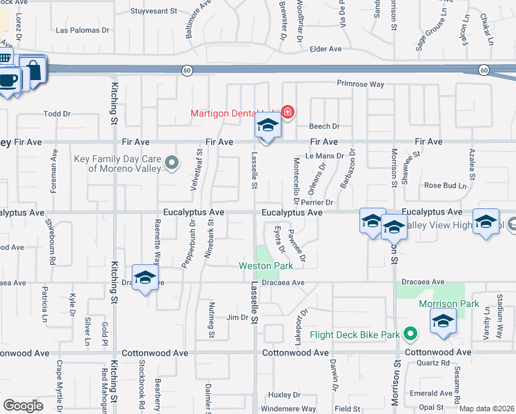 map of restaurants, bars, coffee shops, grocery stores, and more near 26020 Biloxi Drive in Moreno Valley