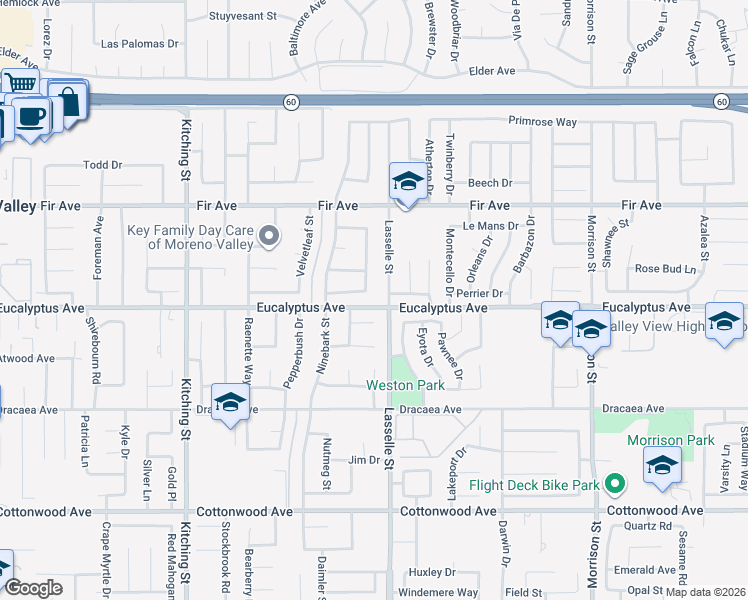 map of restaurants, bars, coffee shops, grocery stores, and more near 25944 Andre Court in Moreno Valley