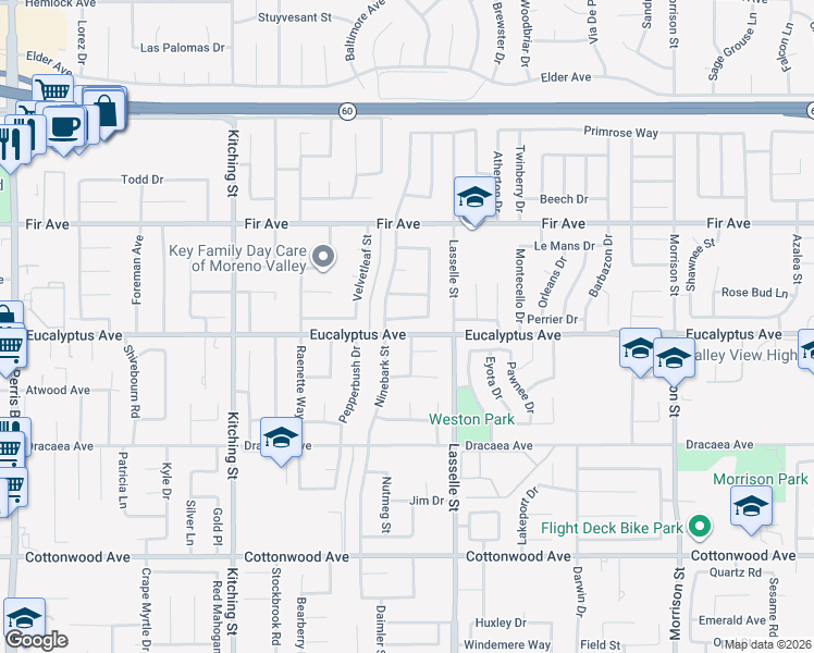 map of restaurants, bars, coffee shops, grocery stores, and more near 13012 Ninebark Street in Moreno Valley