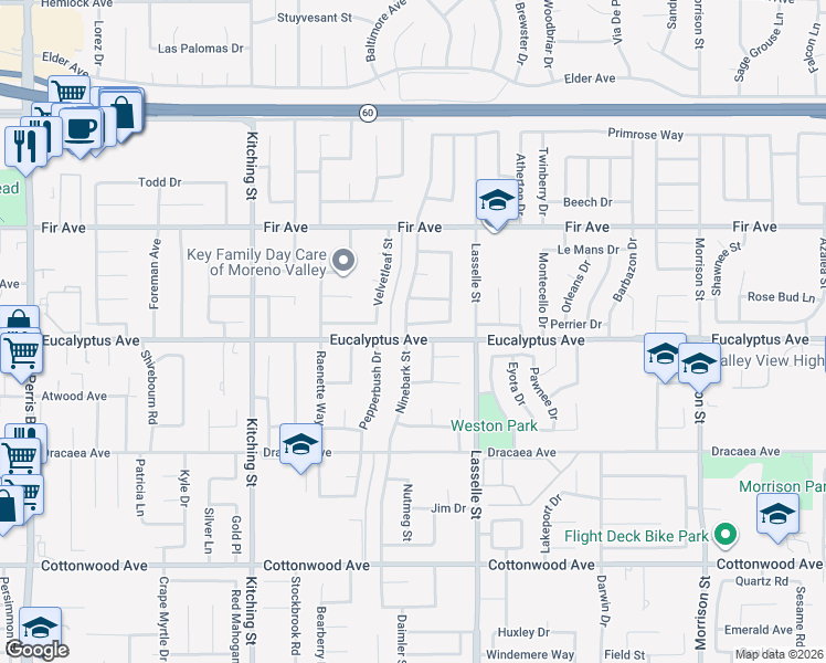 map of restaurants, bars, coffee shops, grocery stores, and more near 13012 Ninebark Street in Moreno Valley