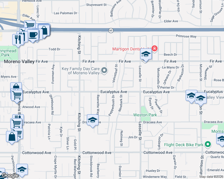 map of restaurants, bars, coffee shops, grocery stores, and more near 13011 Pepperbush Drive in Moreno Valley
