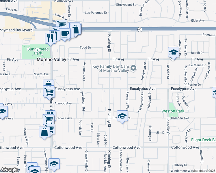 map of restaurants, bars, coffee shops, grocery stores, and more near 13017 Sweetfern Street in Moreno Valley