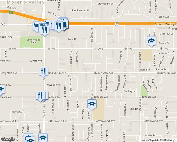 map of restaurants, bars, coffee shops, grocery stores, and more near 13027 Kentland Lane in Moreno Valley