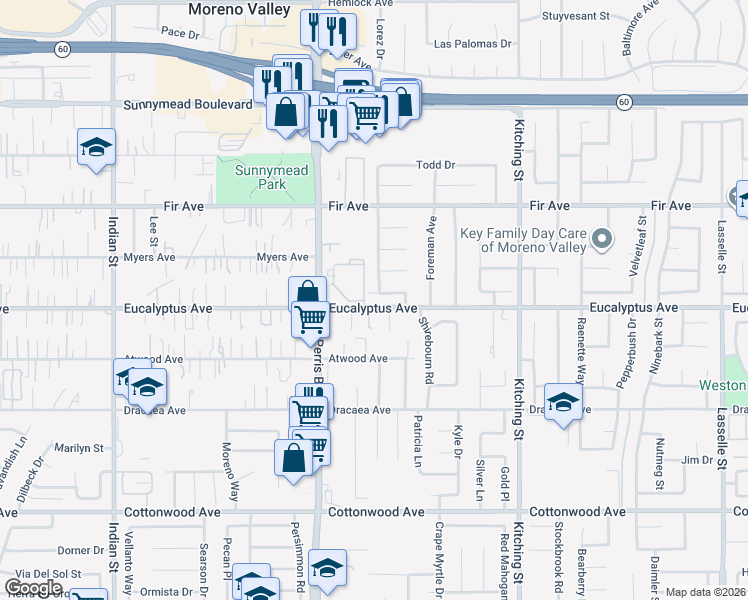 map of restaurants, bars, coffee shops, grocery stores, and more near 25161 Eucalyptus Avenue in Moreno Valley