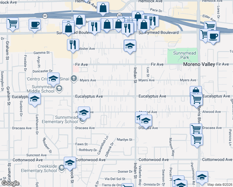 map of restaurants, bars, coffee shops, grocery stores, and more near 24411 Eucalyptus Avenue in Moreno Valley