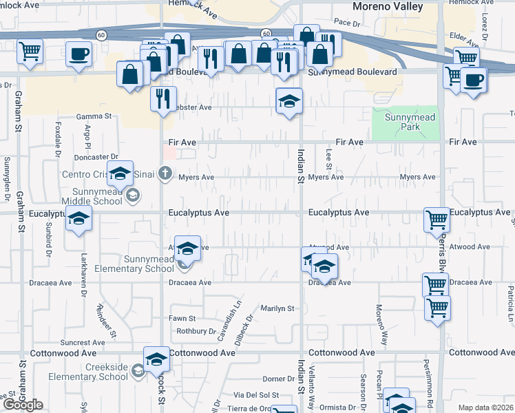 map of restaurants, bars, coffee shops, grocery stores, and more near 24295 Eucalyptus Avenue in Moreno Valley