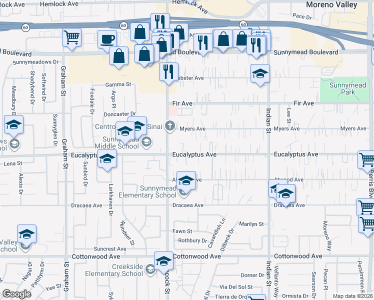 map of restaurants, bars, coffee shops, grocery stores, and more near 24129 Eucalyptus Avenue in Moreno Valley