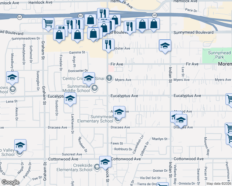 map of restaurants, bars, coffee shops, grocery stores, and more near 24031 Eucalyptus Avenue in Moreno Valley