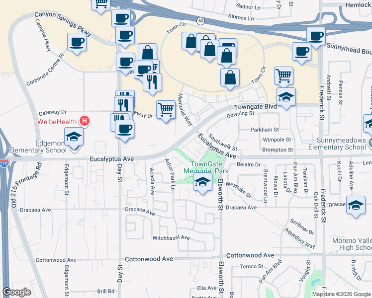 map of restaurants, bars, coffee shops, grocery stores, and more near 22320 Summer Holly Avenue in Moreno Valley