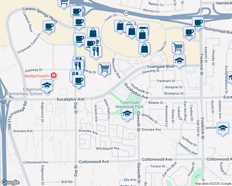 map of restaurants, bars, coffee shops, grocery stores, and more near 22320 Summer Holly Avenue in Moreno Valley