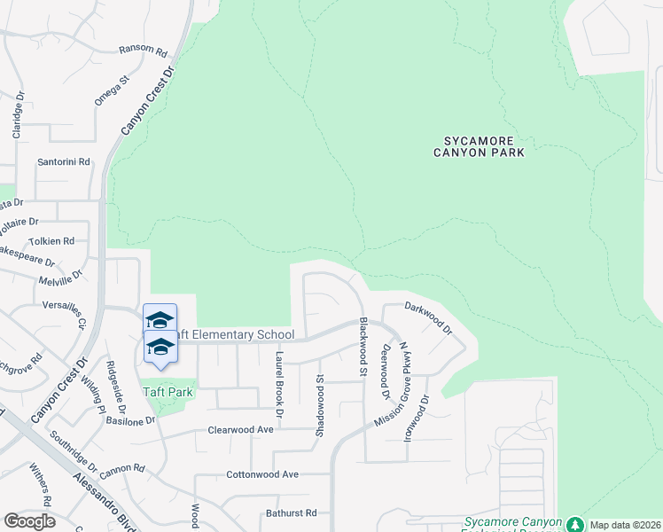 map of restaurants, bars, coffee shops, grocery stores, and more near 6564 Blackwood Street in Riverside