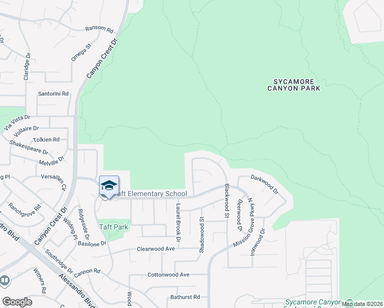 map of restaurants, bars, coffee shops, grocery stores, and more near 6527 Blackwood Street in Riverside