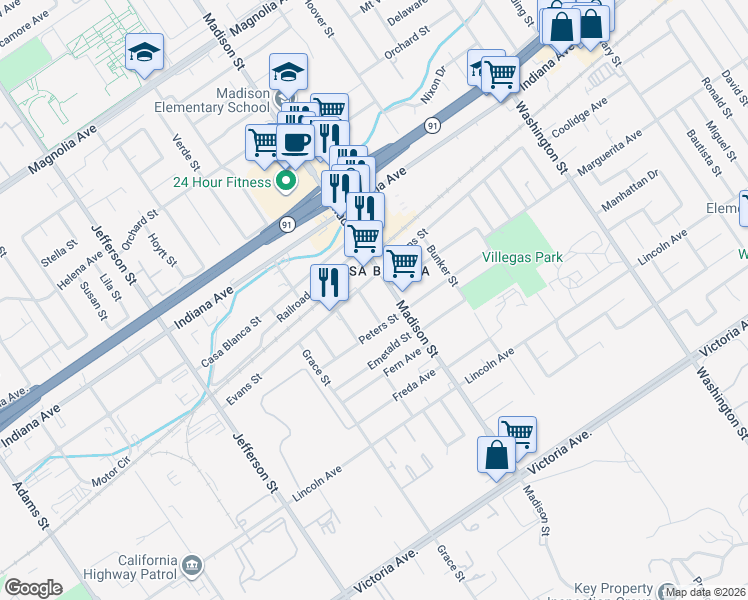 map of restaurants, bars, coffee shops, grocery stores, and more near 3151 Cary Street in Riverside