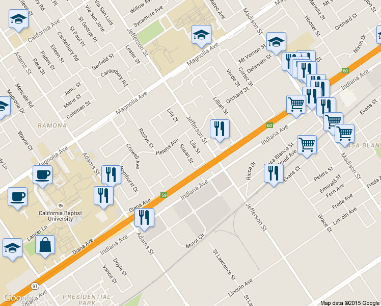 map of restaurants, bars, coffee shops, grocery stores, and more near 3485 Susan Street in Riverside