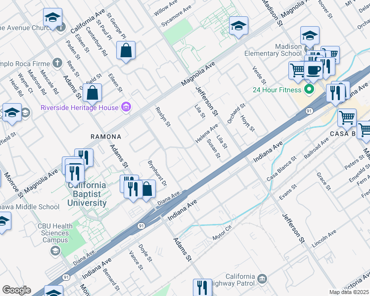 map of restaurants, bars, coffee shops, grocery stores, and more near 3548 Roslyn Street in Riverside