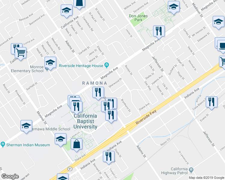 map of restaurants, bars, coffee shops, grocery stores, and more near 8248 Buckingham Place in Riverside