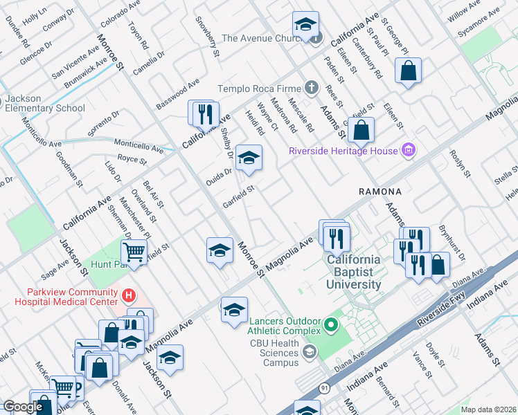 map of restaurants, bars, coffee shops, grocery stores, and more near 3908 Roblynn Street in Riverside