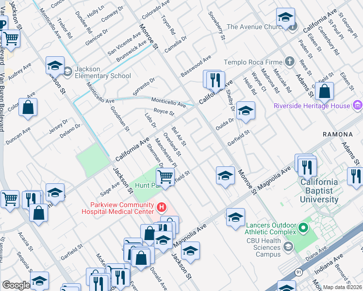 map of restaurants, bars, coffee shops, grocery stores, and more near 4071 Overland Street in Riverside