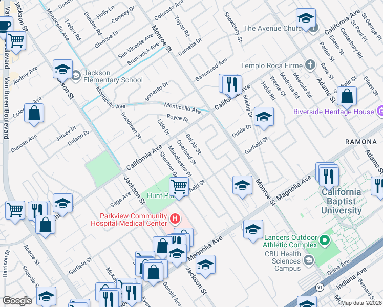 map of restaurants, bars, coffee shops, grocery stores, and more near 4071 Overland Street in Riverside